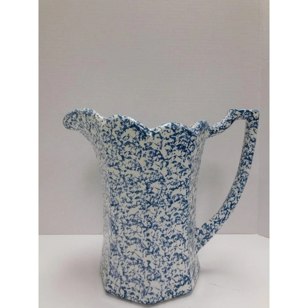 Vtg McCoy Blue and White Sponge Splatter ware Ceramic Pitcher Scalloped Edge DW8